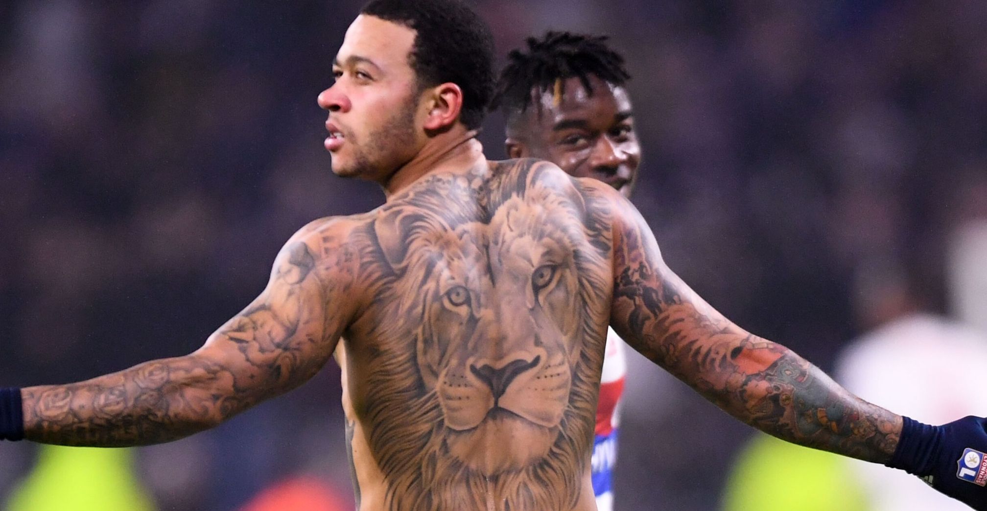 Memphis Depay, Lyon, goal celebration, lion tattoo