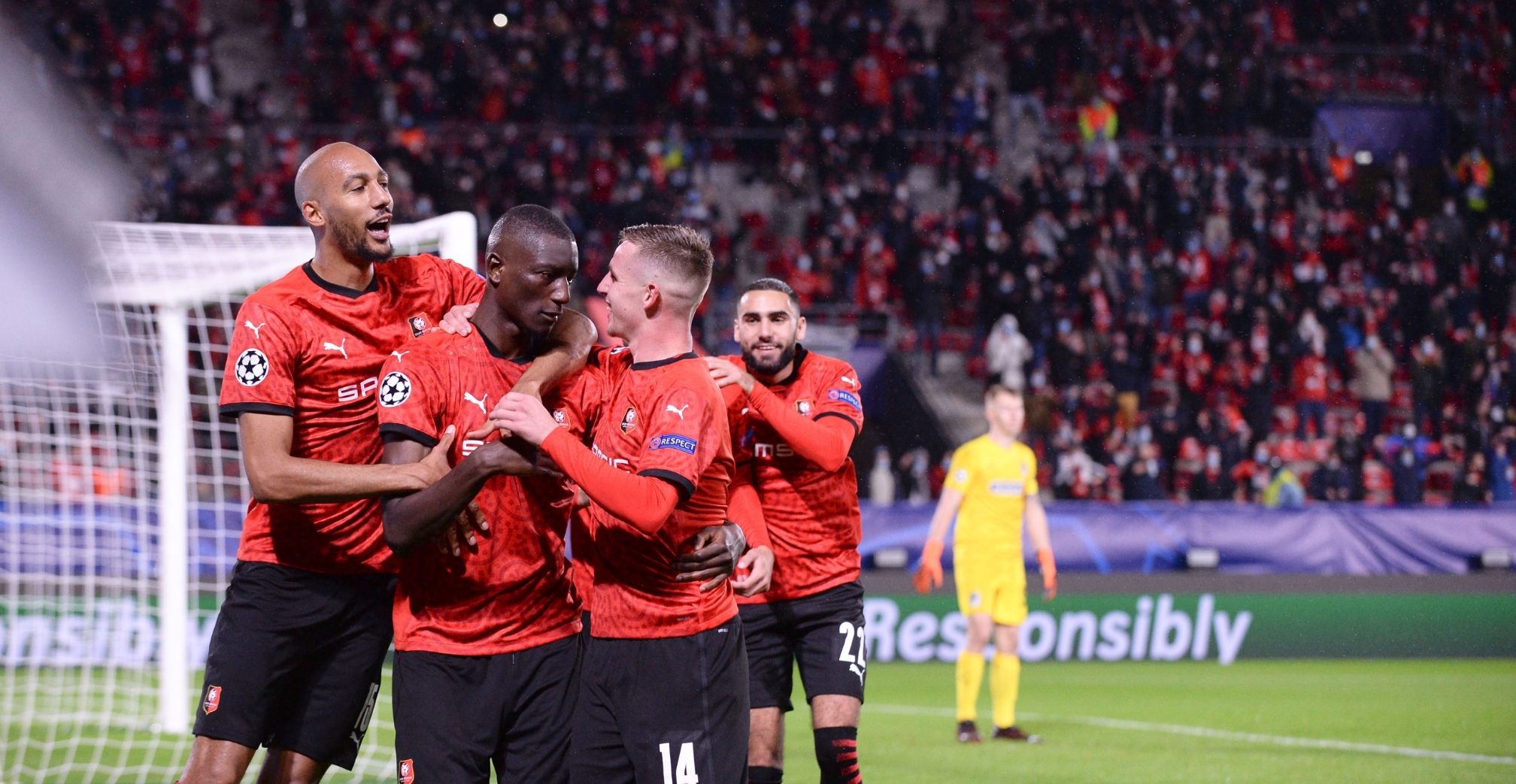 Rennes players celebrate Guirassy goal against Krasnodar