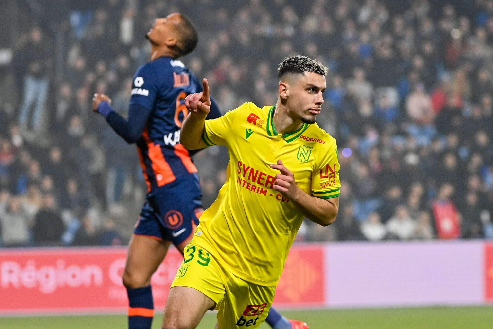 FC Nantes' Matthis Abline celebrates a goal against Montpellier HSC