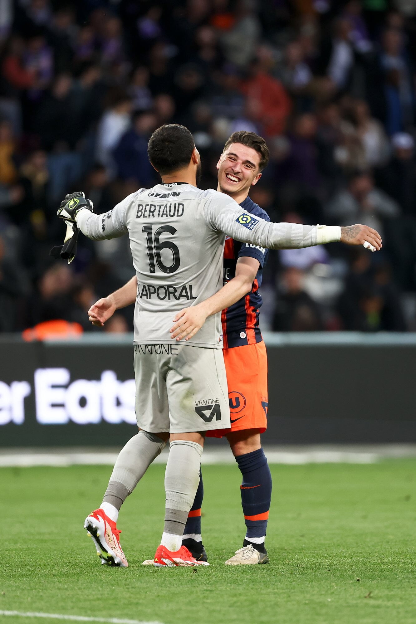 Montpellier HSC's Dimtry Bertaud and Joris Chotard celebrate