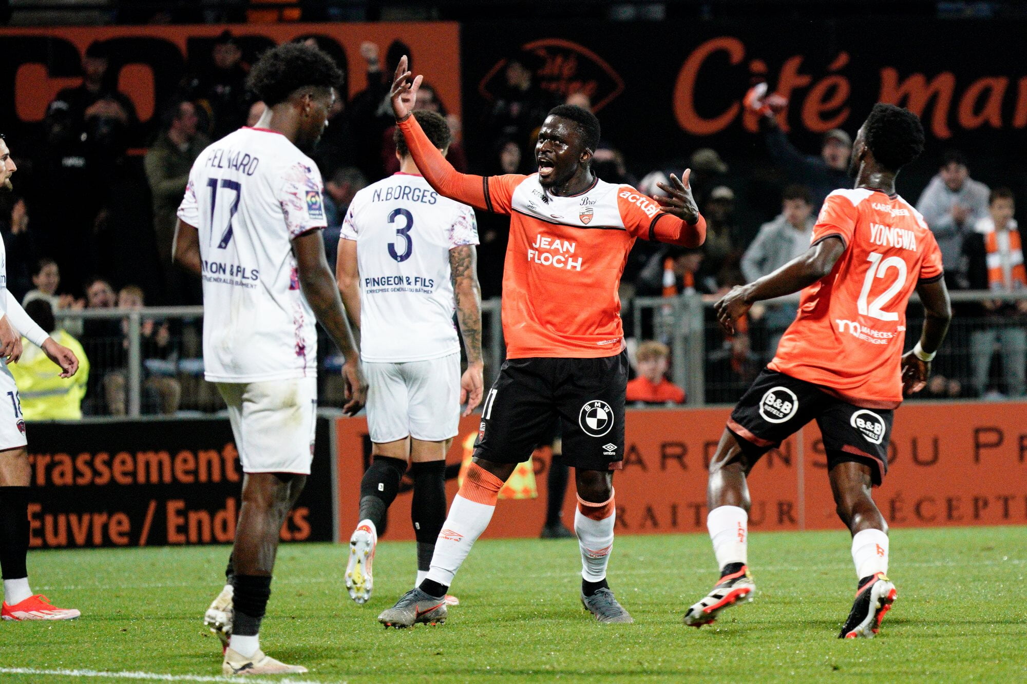 FC Lorient attacker Bamba Dieng celebrates a goal against Clermont Foot