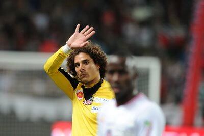 Guillermo Ochoa of AC Ajaccio waves to the crowd